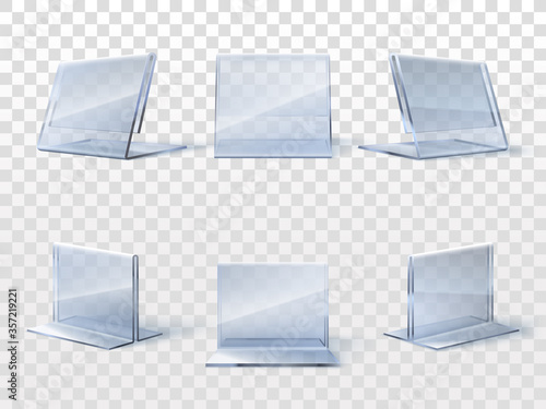 Table card holder mockup. Glass or acrylic transparent plates, plexiglass blank frames on desk for banners, restaurant menu templates. Clear plastic price tag isolated vector illustration.