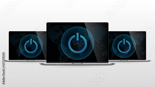Digital world laptop device with power button. Realistic laptop monitor with Power symbol in screen and light gradient background.