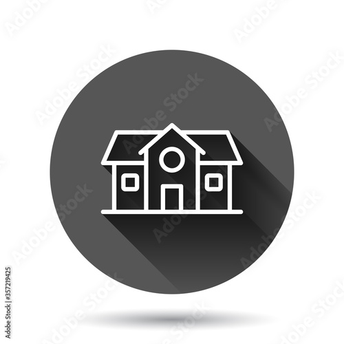 Building icon in flat style. Home vector illustration on black round background with long shadow effect. House circle button business concept.