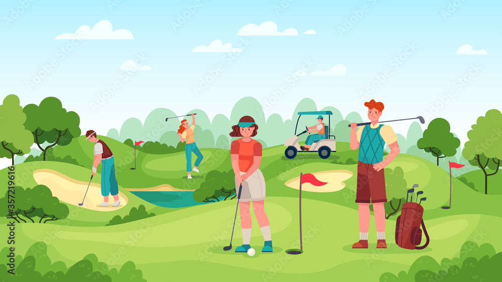 People playing golf. Golfers couple with golf clubs on green grass, bags with professional equipment and driving cart, sport game outdoor concept. Summer hobby and recreation vector illustration.
