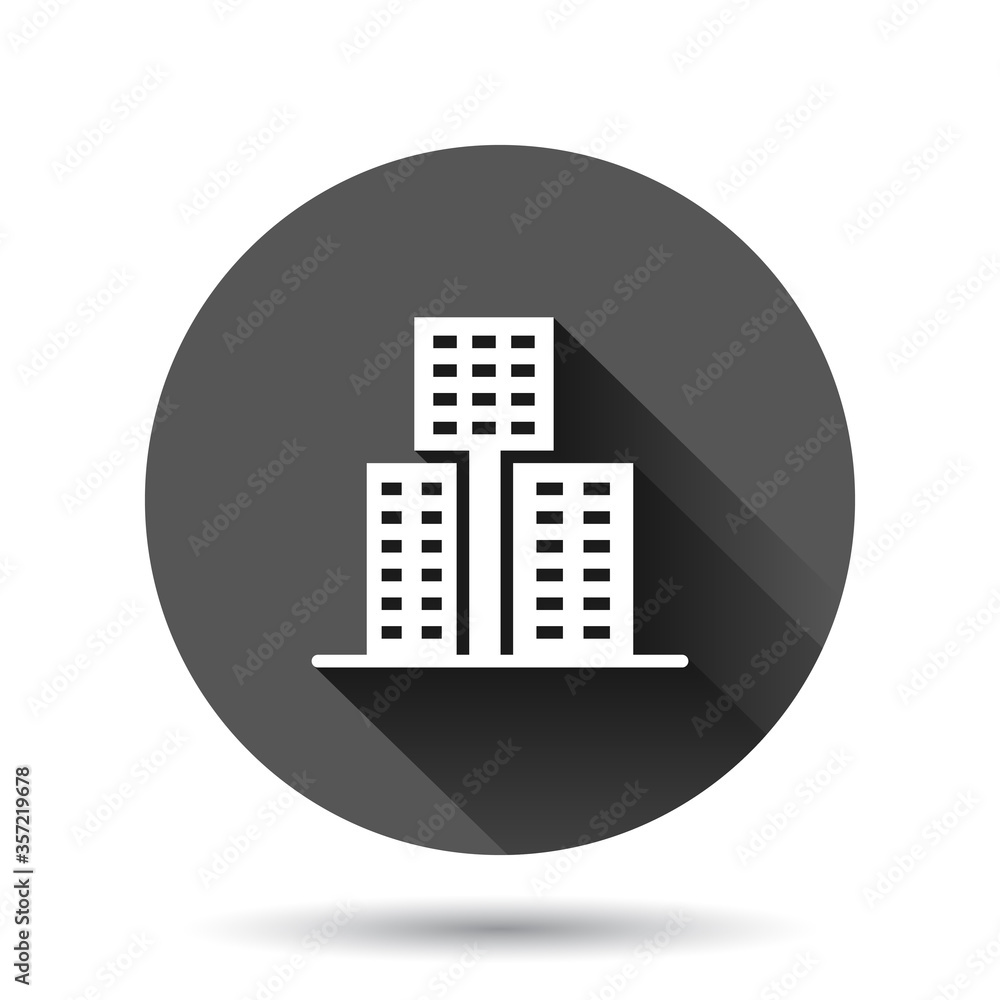 Building icon in flat style. Town skyscraper apartment vector illustration on black round background with long shadow effect. City tower circle button business concept. Building icon in flat style. Town skyscraper apartment vector illustration on black round background with long shadow effect. City tower circle button business concept.
