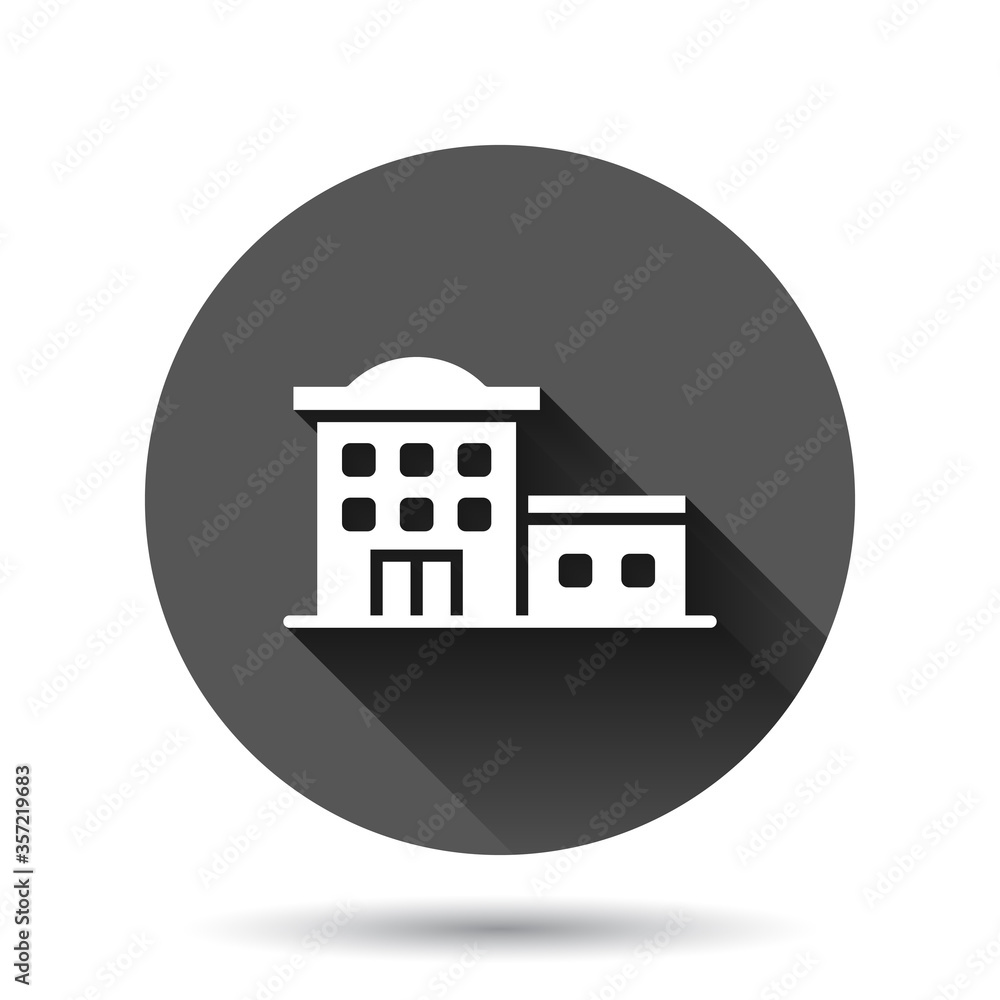 Building icon in flat style. Town skyscraper apartment vector illustration on black round background with long shadow effect. City tower circle button business concept. Building icon in flat style. Town skyscraper apartment vector illustration on black round background with long shadow effect. City tower circle button business concept.