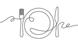 Line fork, knife and plate. Continuous one line drawing cutlery, cooking utensils. Hand drawn dishware for restaurant logo or menu cover in linear style art concept vector illustration.