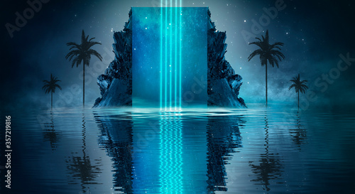 Futuristic night landscape with abstract landscape and island, moonlight, shine. Dark natural scene with reflection of light in the water, neon blue light. Dark neon  background.