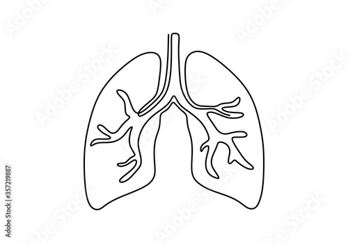 One continuous line art anatomical human lungs. Lungs and trachea single line art illustration. Hand drawn outline drawing of internal organ. Anatomy concept isolated on white background.
