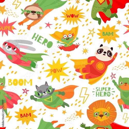 Hero animals. Superheroes animal kids with capes and masks, brave animal as frog, rabbit, panda and raccoon, lion illustration for textile or kids wallpaper seamless vector pattern.