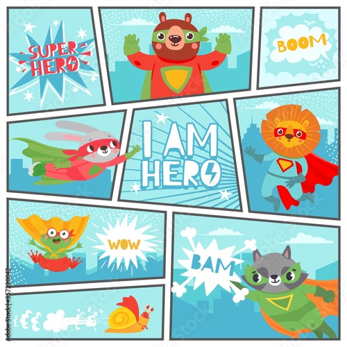 Comic super animals. Flying superheroes animal kids in book page with speech bubbles, cute and fun vintage cartoon vector characters wearing costumes set. Cartoon strip with bear, rabbit and lion.