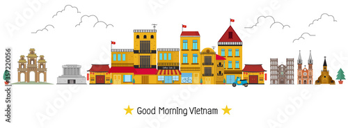 Travel to vietnam landmarks. Landscape and mountain in the flat style.