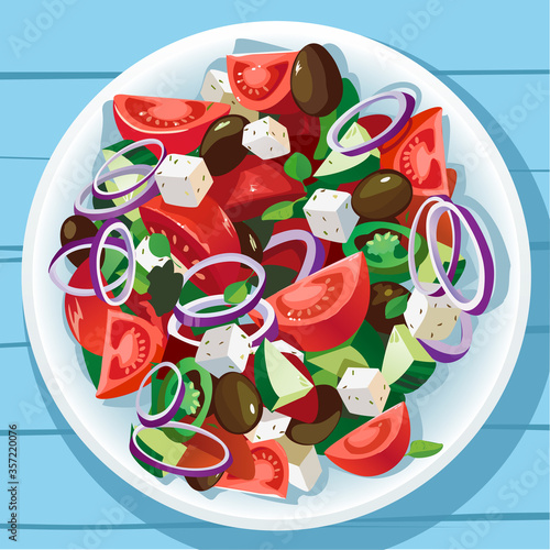 Greek salad with tomatoes, feta, olives, basil, cucumber.