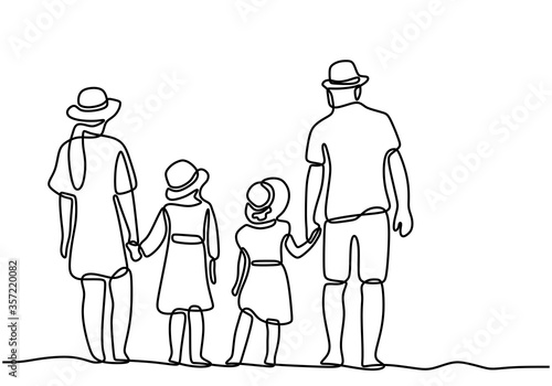 Continuous line parents walking with two children. Happy family holiday and spending time together. Mom and dad playing with their children in outdoor. Parenting characters. Vector illustration