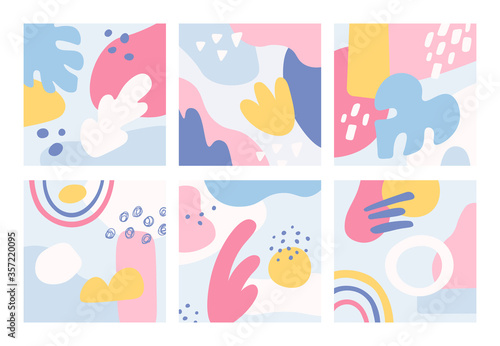 Hand drawn abstract background. Various pastel colorful shapes brush strokes set, grunge textures, color stains trendy form for poster, flyers, textile or card print vector illustration.