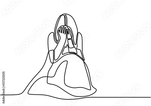 Continuous line drawing of girl covering face with hands, facial expression. Young woman in despair sitting on the bed. Frustration and depression person concept. Female suffering from depression