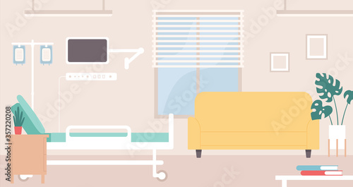 Hospital room interior. Hospital ward intensive therapy emergency, doctor office with bed and monitor, clinic equipment and furniture. Medical recreation hall concept vector illustration.