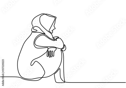 Sad and lonely woman. Muslim girl sitting alone, holding her knee with an empty view. Expression very desperate and anxiety. Seen harboring a lot of sadness. Continuous hand drawn sketch design