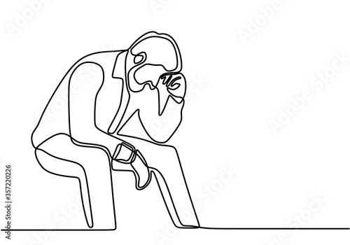 Continuous line drawing of sitting young man thinking his problem. Upset male in trouble. Depression of businessman after lose a contract. Frustration and stressful entrepreneur sitting on bench.