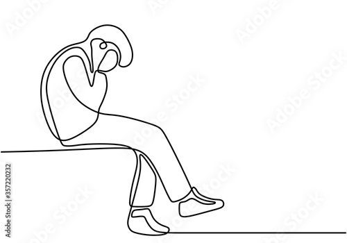 Continuous line drawing of sitting young man thinking his problem. Upset male in trouble. Depression of businessman after lose a contract. Frustration and stressful entrepreneur sitting on bench.
