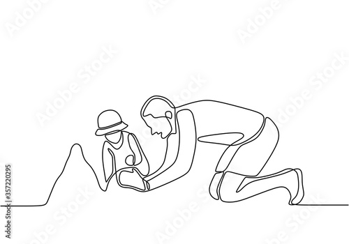 Continuous one single line drawn little girl wearing hat playing in the beach with her daddy. Kids playing in the sandbox park. Happy father and daughter build castle with sand. Vector illustration