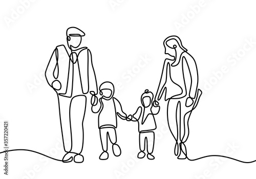 Continuous single line drawing of parents walking with children. Mom and dad spending time with their children to playing together. Parenting characters. Vector design illustration