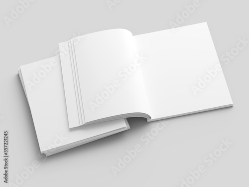 Open magazine with a glued binding. Stack of catalogues. Vertical A4 format.