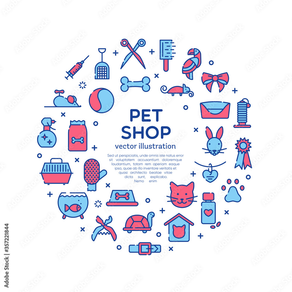 Design element, template for pet shop, veterinary clinic, pet store, zoo, shelter. Card, flyer, poster for advertisement. Flat style design, vector illustration with copy text place. Design element, template for pet shop, veterinary clinic, pet store, zoo, shelter. Card, flyer, poster for advertisement. Flat style design, vector illustration with copy text place.