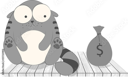 Funny cat and a money bag vector illustration. Cartoon cat