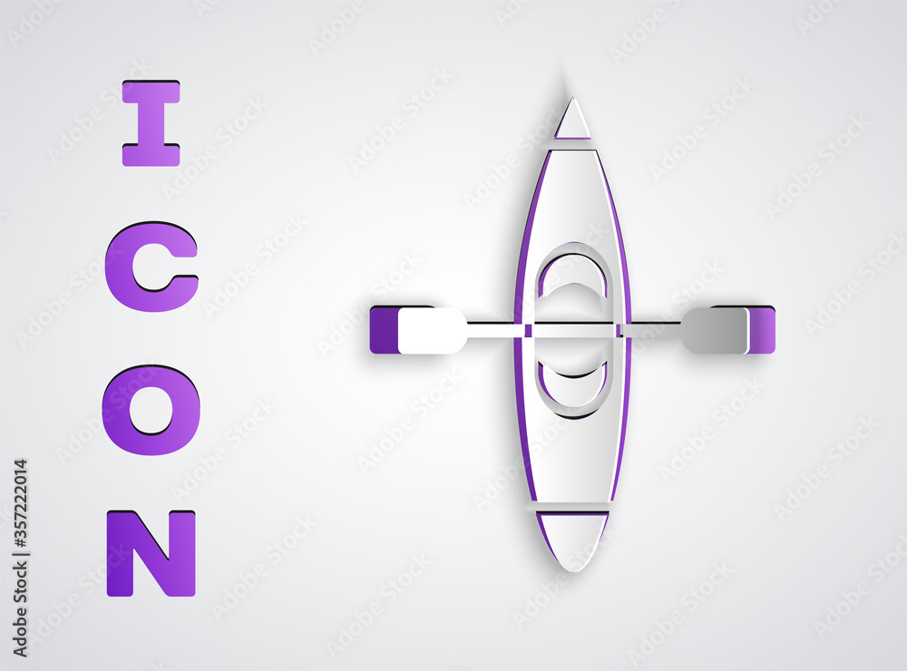 Paper cut Kayak and paddle icon isolated on grey background. Kayak and canoe for fishing and tourism. Outdoor activities. Paper art style. Vector Illustration.