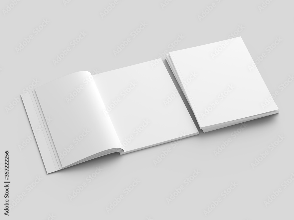 Open magazine with a glued binding. Stack of catalogues. Vertical A4 format. Open magazine with a glued binding. Stack of catalogues. Vertical A4 format.