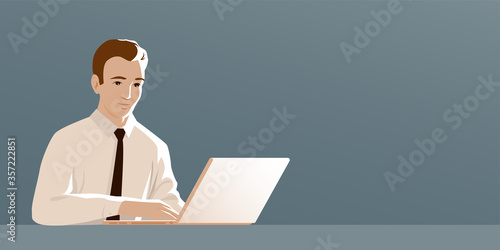A business man in a tie sits at a table and works on a laptop. Place for text. Vector closeup illustration.