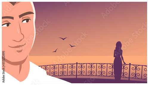 A young man in love looks at a girl. She stands on the seafront. Evening time. Vector romantic banner illustration. Place for text.