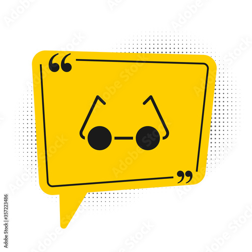 Black Glasses icon isolated on white background. Eyeglass frame symbol. Yellow speech bubble symbol. Vector Illustration.