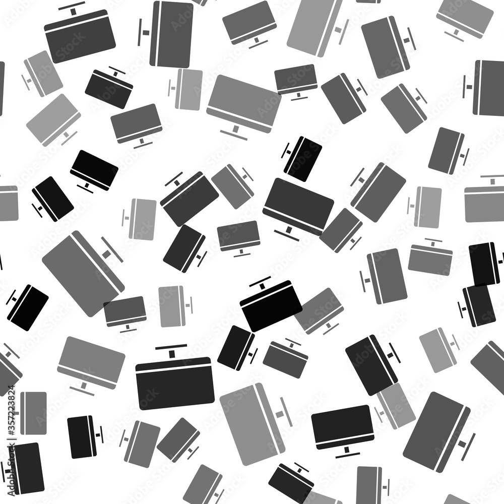 Black Computer monitor screen icon isolated seamless pattern on white background. Electronic device. Front view. Vector Illustration.