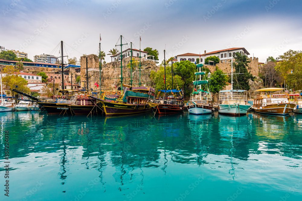 The old harbour view in Antalya (Kaleici), Turkey. Old town of Antalya is a popular destination among tourists
