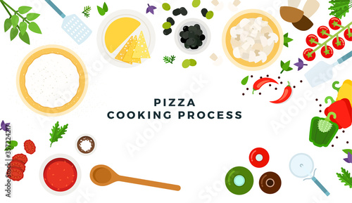 Pizza cooking process vector flat illustrations. Products and tools for pizza cooking with space for text.