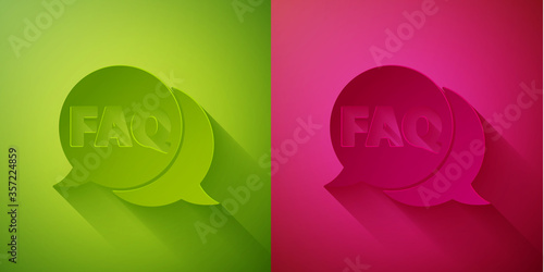 Paper cut Speech bubble with text FAQ information icon isolated on green and pink background. Circle button with text FAQ. Paper art style. Vector Illustration.