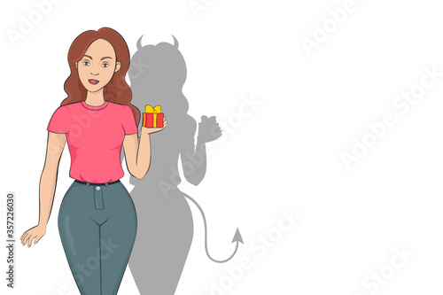 Woman with devil shadow. Vector illustration.