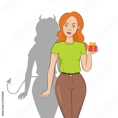 Girl with devil shadow. Vector illustration.