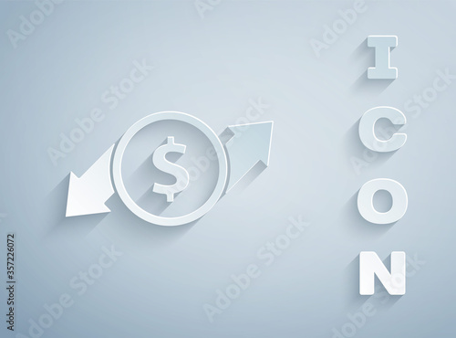 Paper cut Financial growth and dollar coin icon isolated on grey background. Increasing revenue. Paper art style. Vector Illustration.