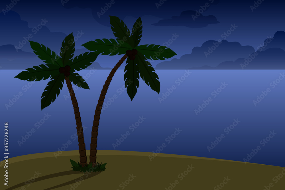 Coconut palm on sand beach. Night. Vector illustration.