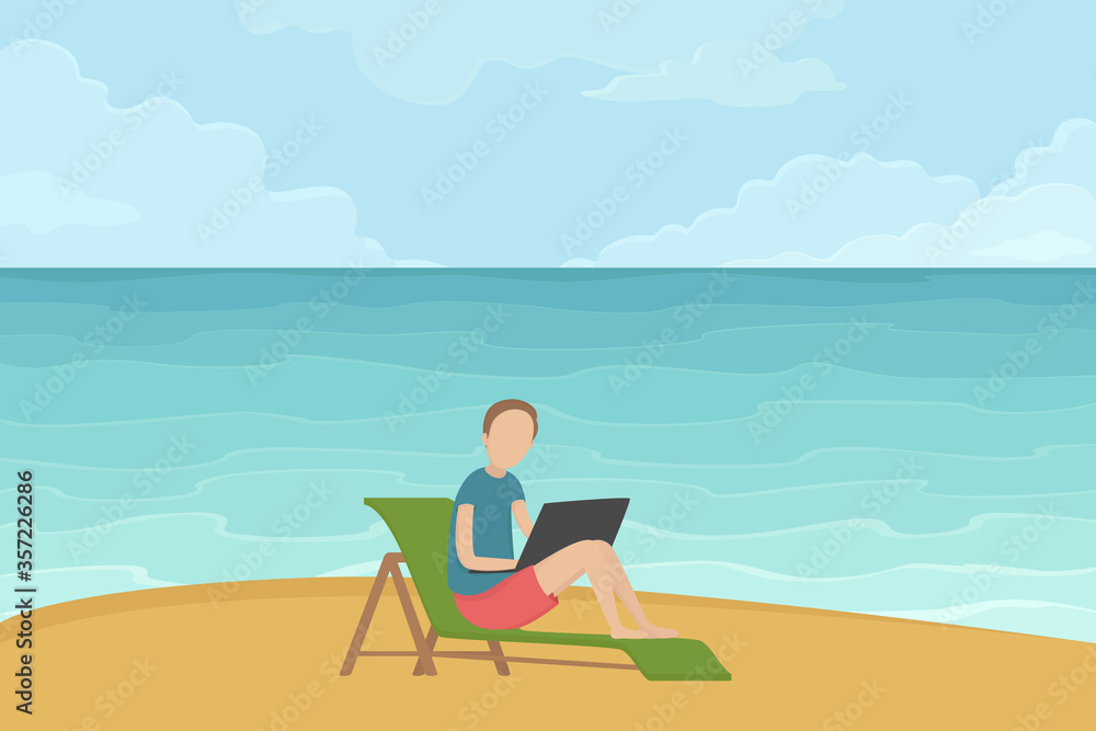 Freelancer working on laptop on beach. Vector illustration.