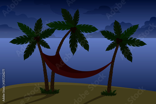 Hammock om coconut tree. Night. Vector illustration.