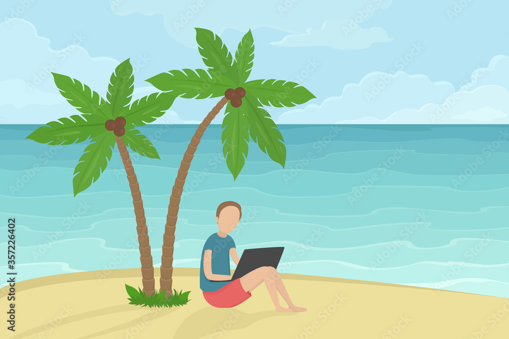 Freelancer sitting under coconut palms and working on laptop. Vector illustration.