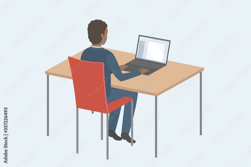 African man sitting at table and working on laptop. Vector illustration.