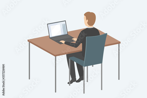 Man sitting at table and typing on laptop. Vector illustration.