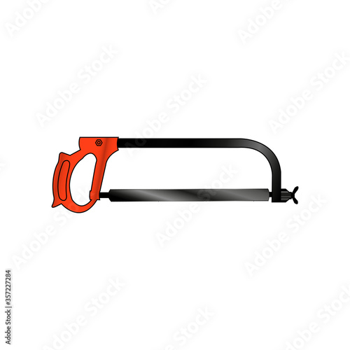 Hacksaw for metal. Tool for cutting metal objects. Hand tools for metalworking. Construction works. The saw has a red handle.