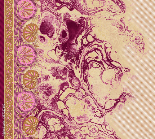 ethnic bandana print with ornamental border. Vintage textile collection.