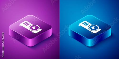 Isometric Presentation, movie, film, media projector icon isolated on blue and purple background. Square button. Vector Illustration.