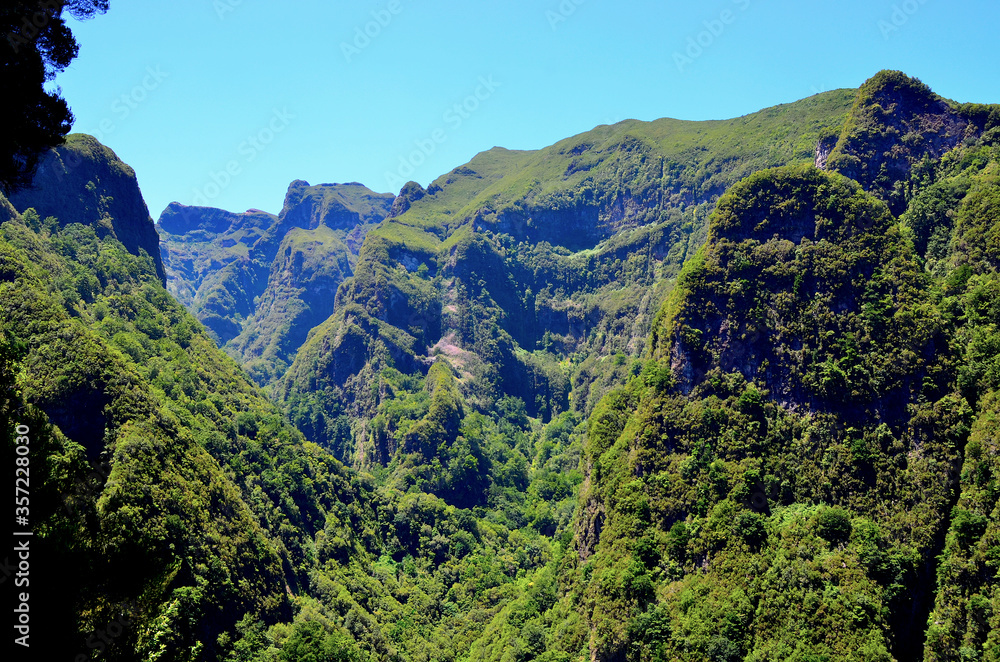 A view taken out of a window in a tunnel on the popular Levada do Caldeirão in Madeira, Portugal