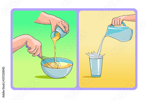 Mixing eggs, batter or milk for pancakes or cake, Pouring milk
