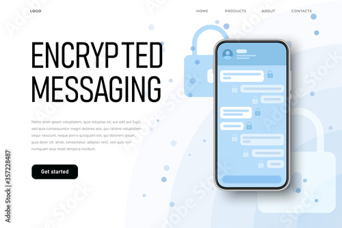 Secret protected chat illsutration with lock icon on encrypted messages. Landing page template