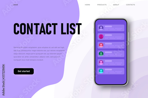 Contact list webpage template, list of contacts on the phone screen. Flat style